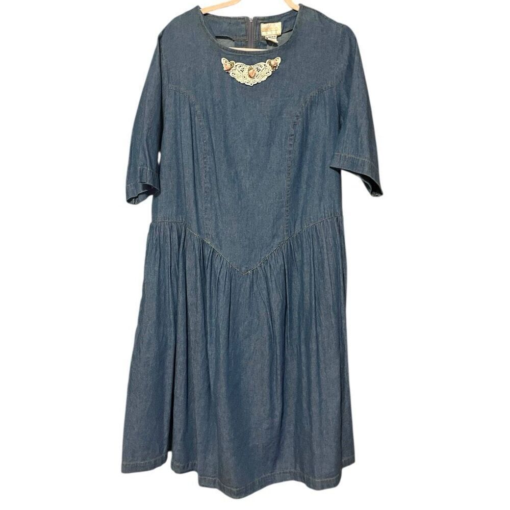Roamans Vintage Sz 8A (18) Denim Short Sleeve Cottage Core‎ Floral Appliqué Dead